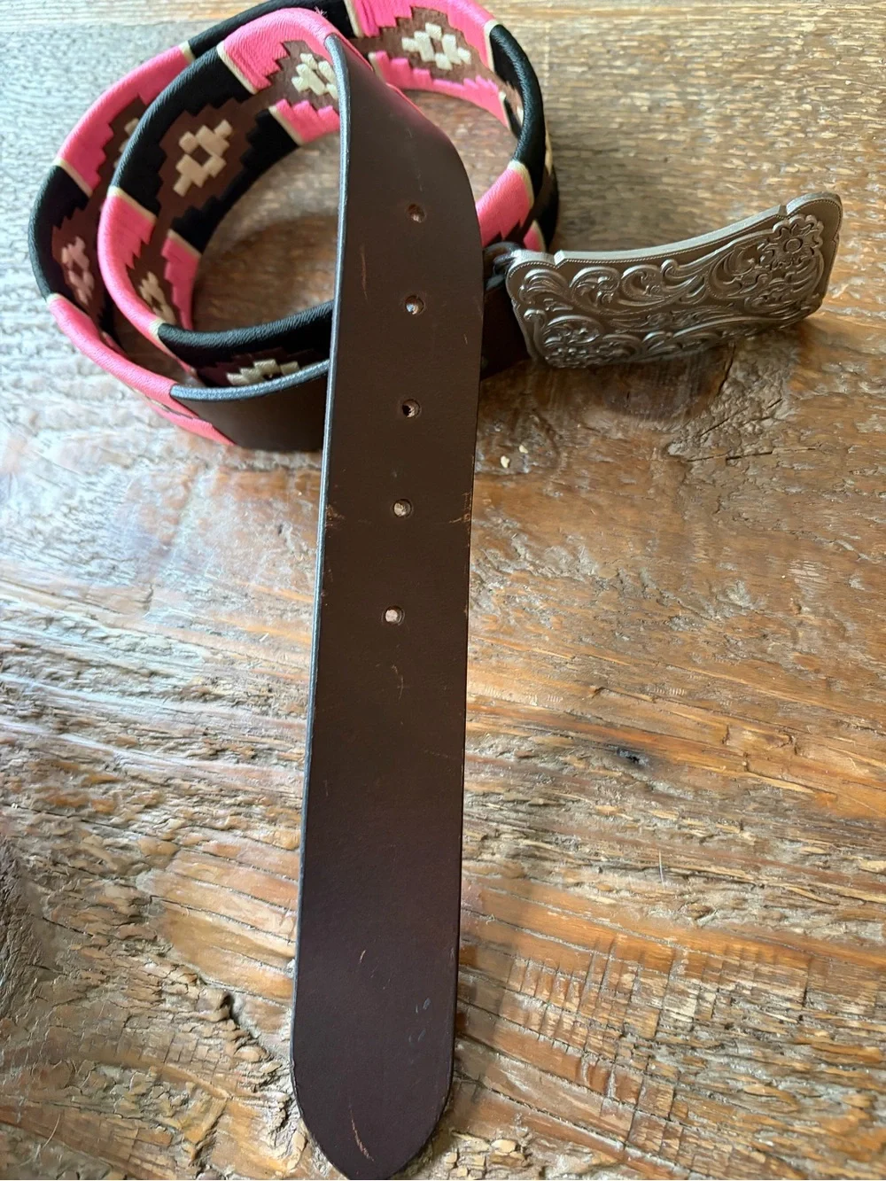 Western Embroidered Pink Brown Leather Belt with Ornate Silver Buckle